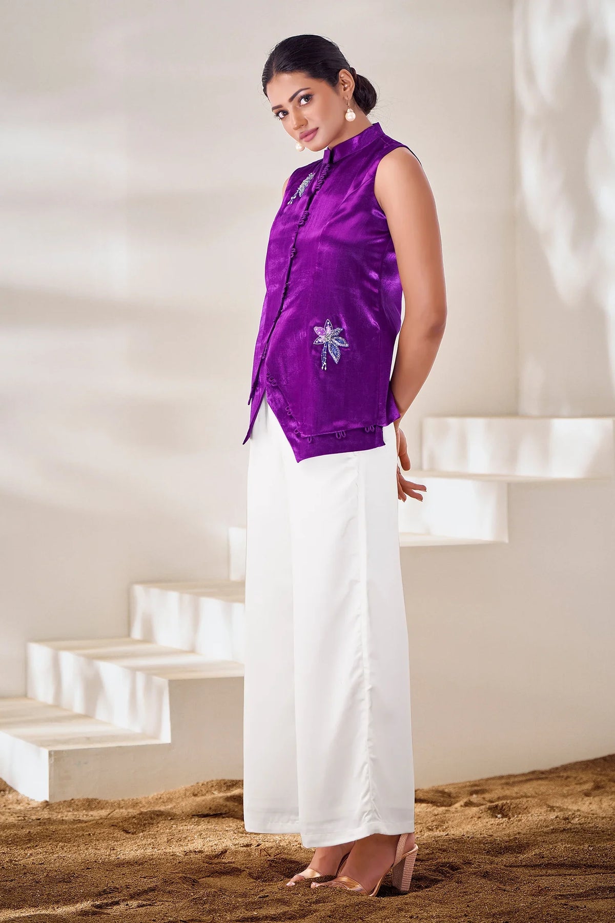 Purple Gaji Silk Stand Neckline Top with Adorned with Intricate Handwork - purple silk saree