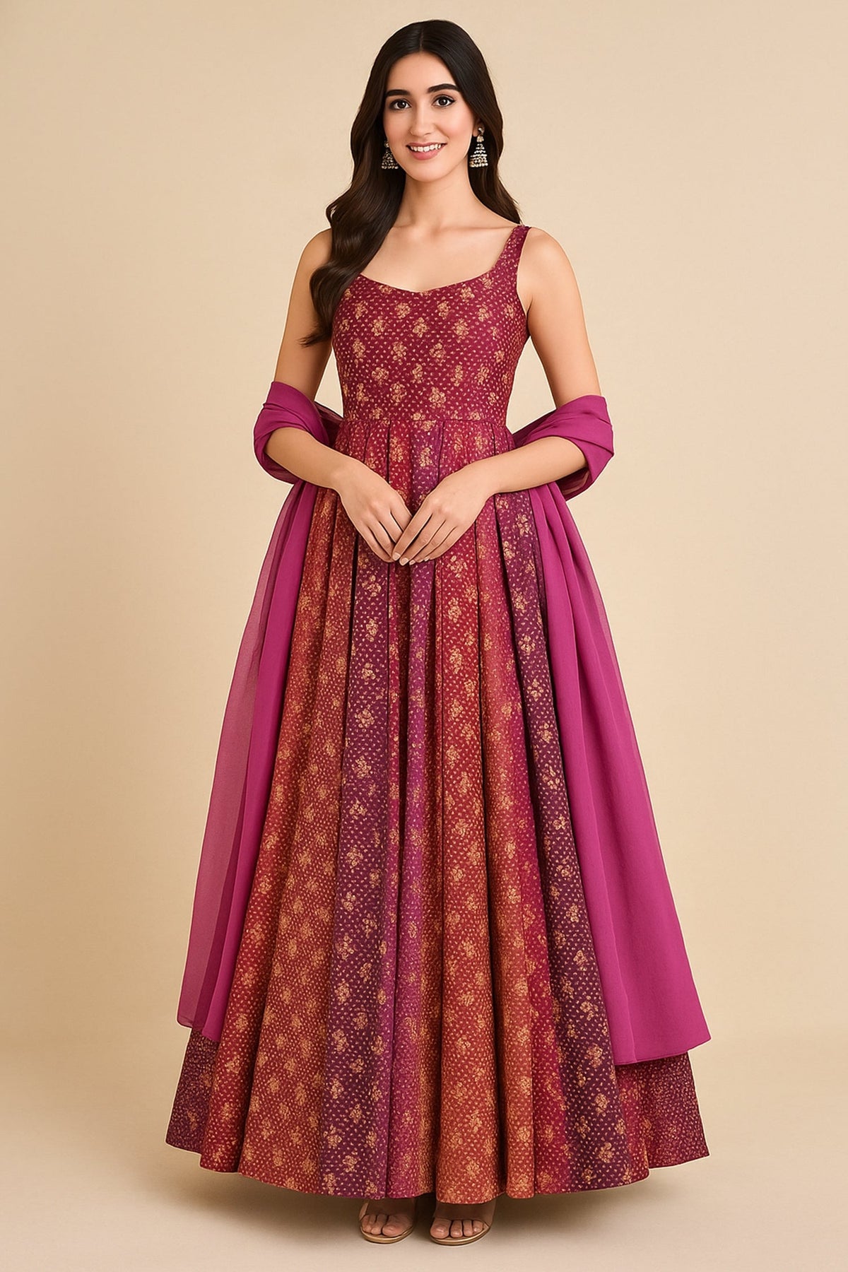 Pink and Multi Colored Chinon Printed Flared Anarkali Kurti - red saree