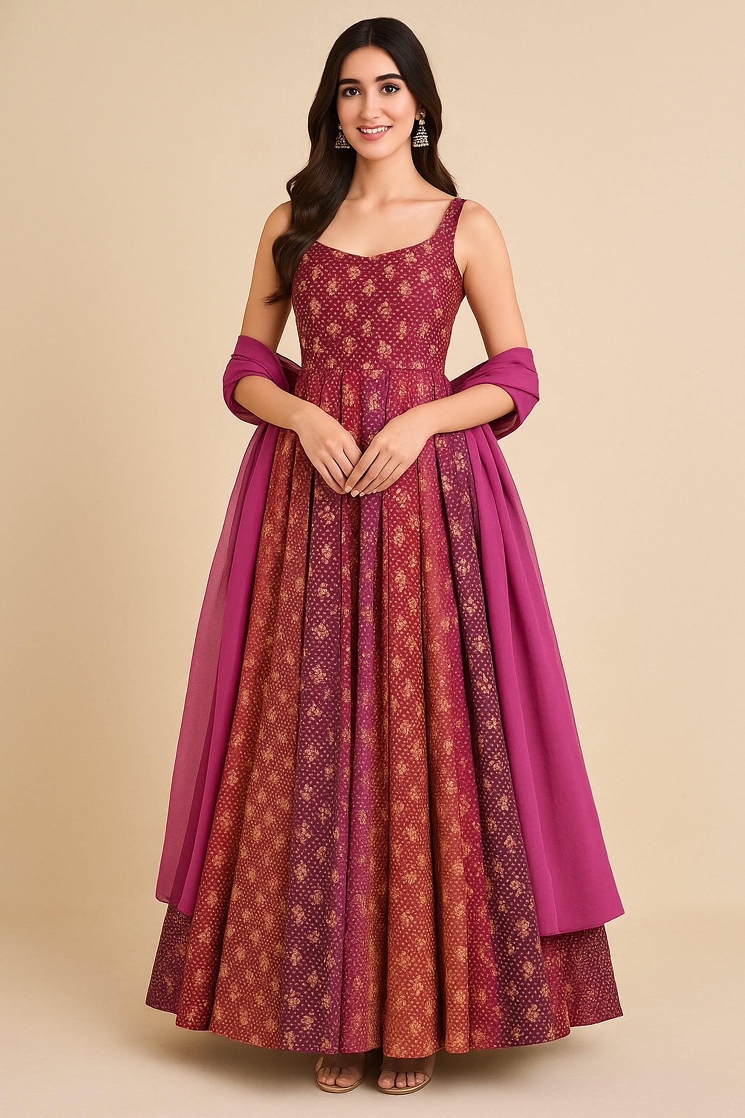 Pink and Multi Colored Chinon Printed Flared Anarkali Kurti - red saree