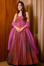 Pink and Multi Colored Chinon Printed Flared Anarkali Kurti - red saree