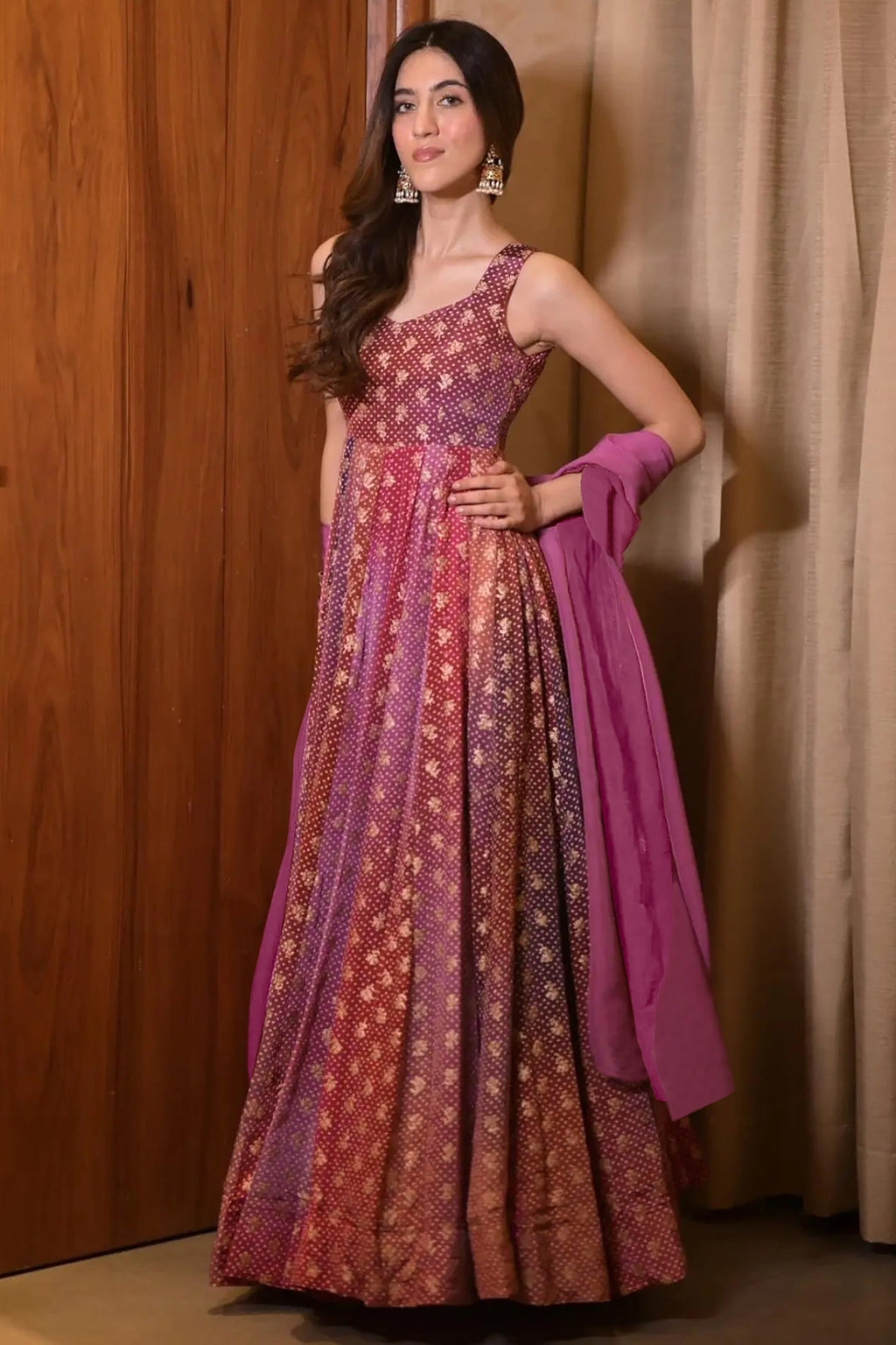 Pink and Multi Colored Chinon Printed Flared Anarkali Kurti - red saree