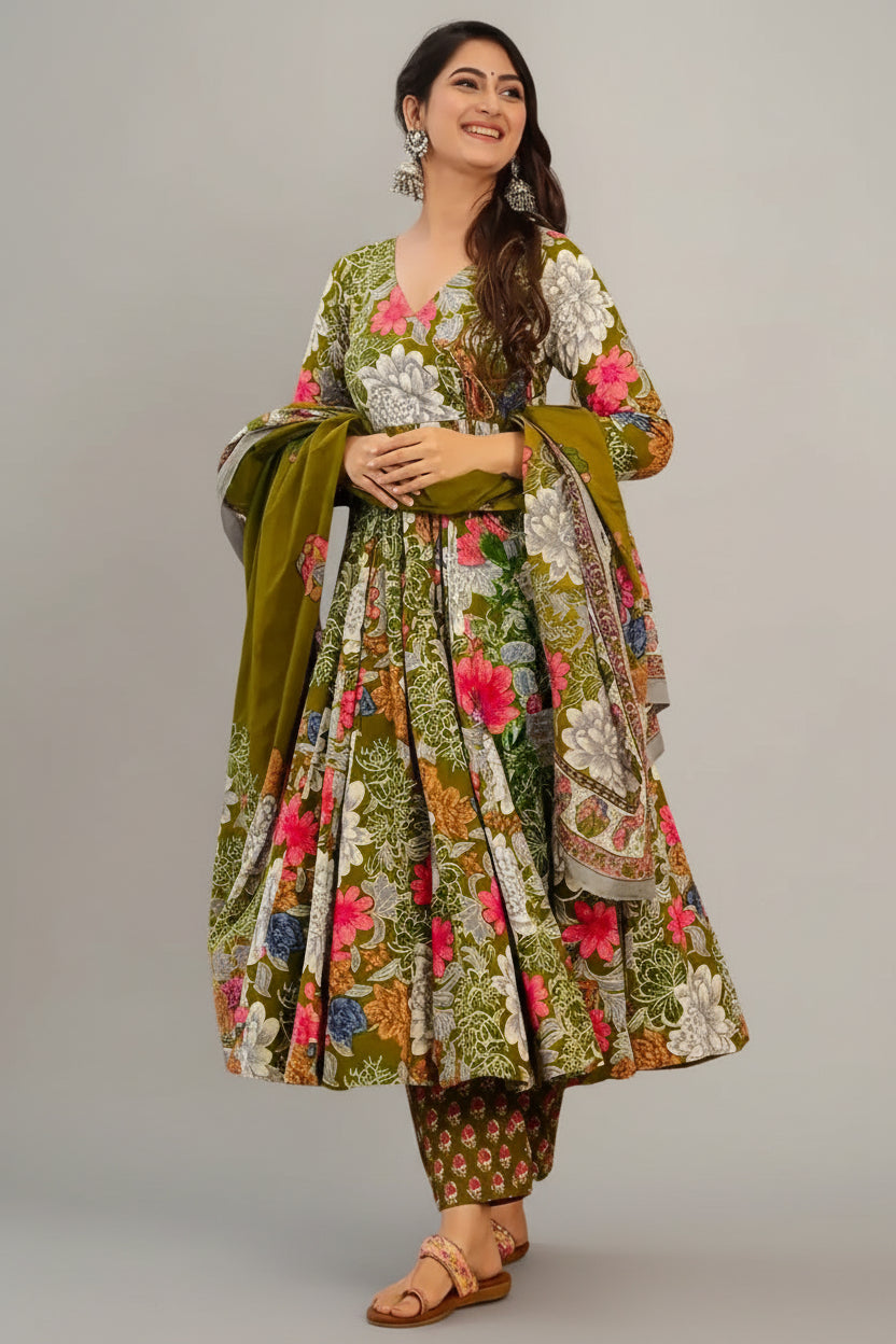 Olive Green Muslin Printed Anarkali Kurti Set - green muslin saree Main image