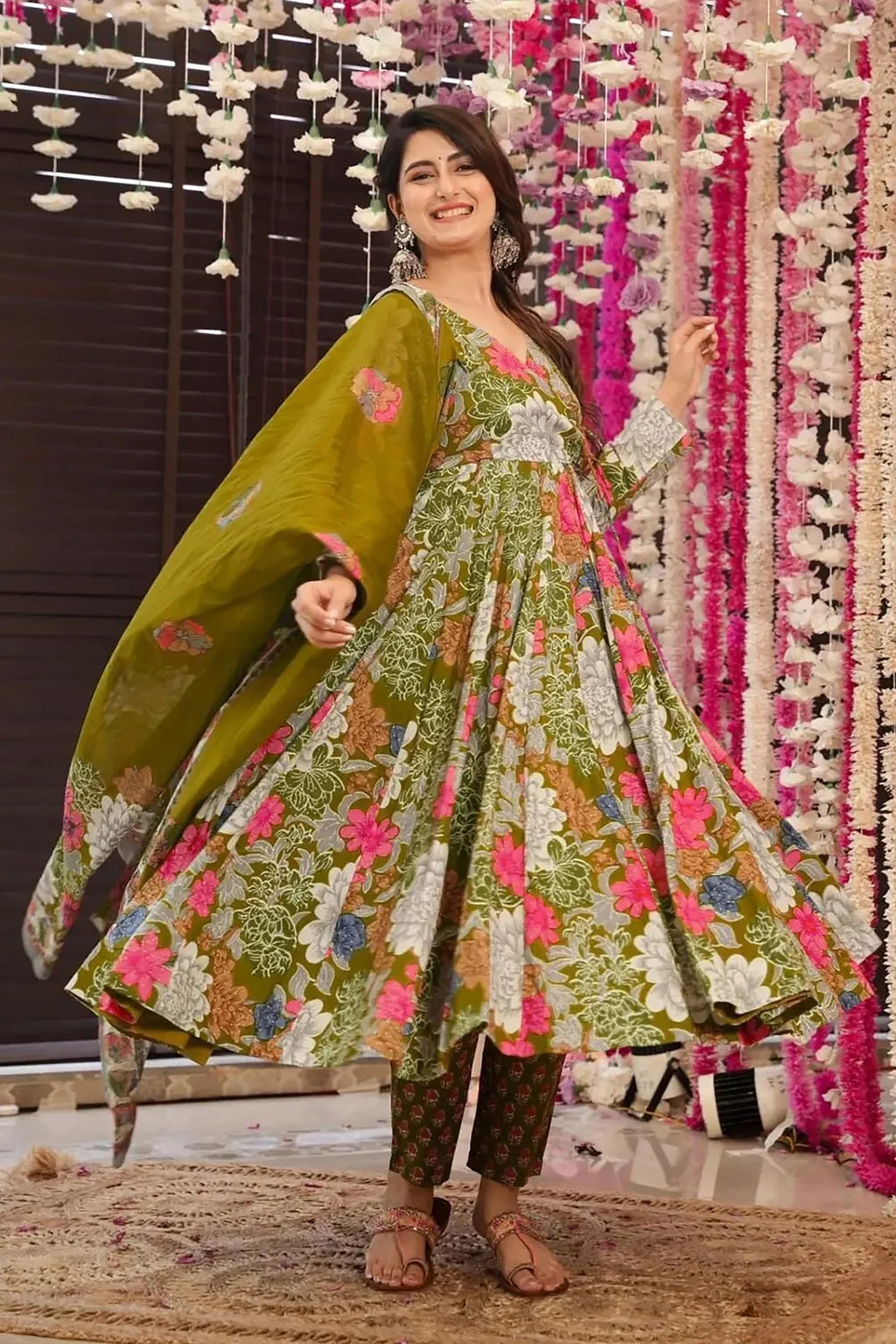 Olive Green Muslin Printed Anarkali Kurti Set - green muslin saree