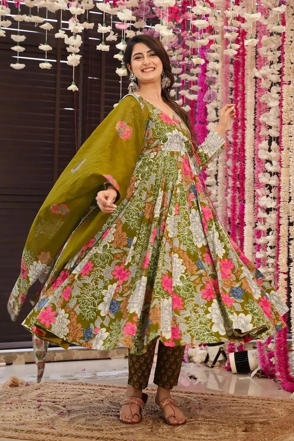 Olive Green Muslin Printed Anarkali Kurti Set - green muslin saree