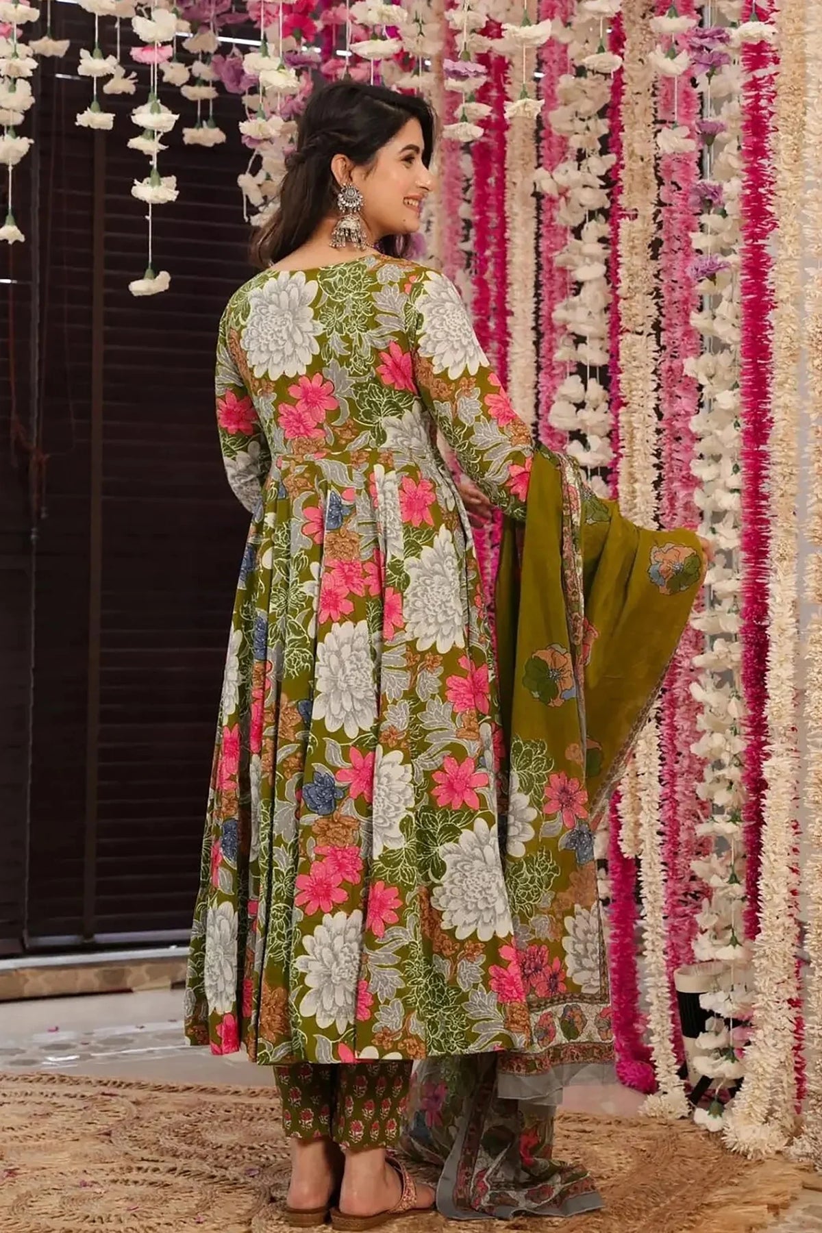 Olive Green Muslin Printed Anarkali Kurti Set - green muslin saree