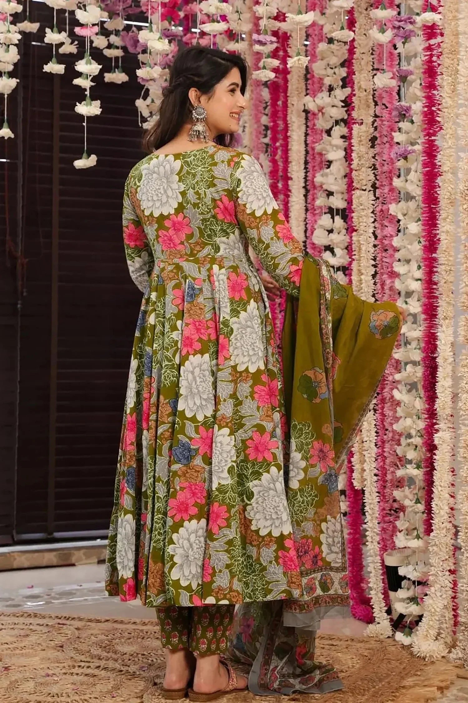 Olive Green Muslin Printed Anarkali Kurti Set - green muslin saree