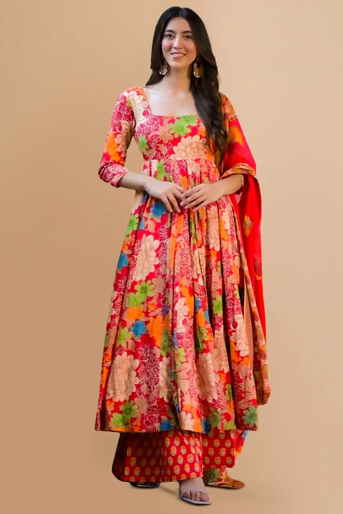 Multi Color Muslin Printed Anarkali Kurti Set - muslin saree