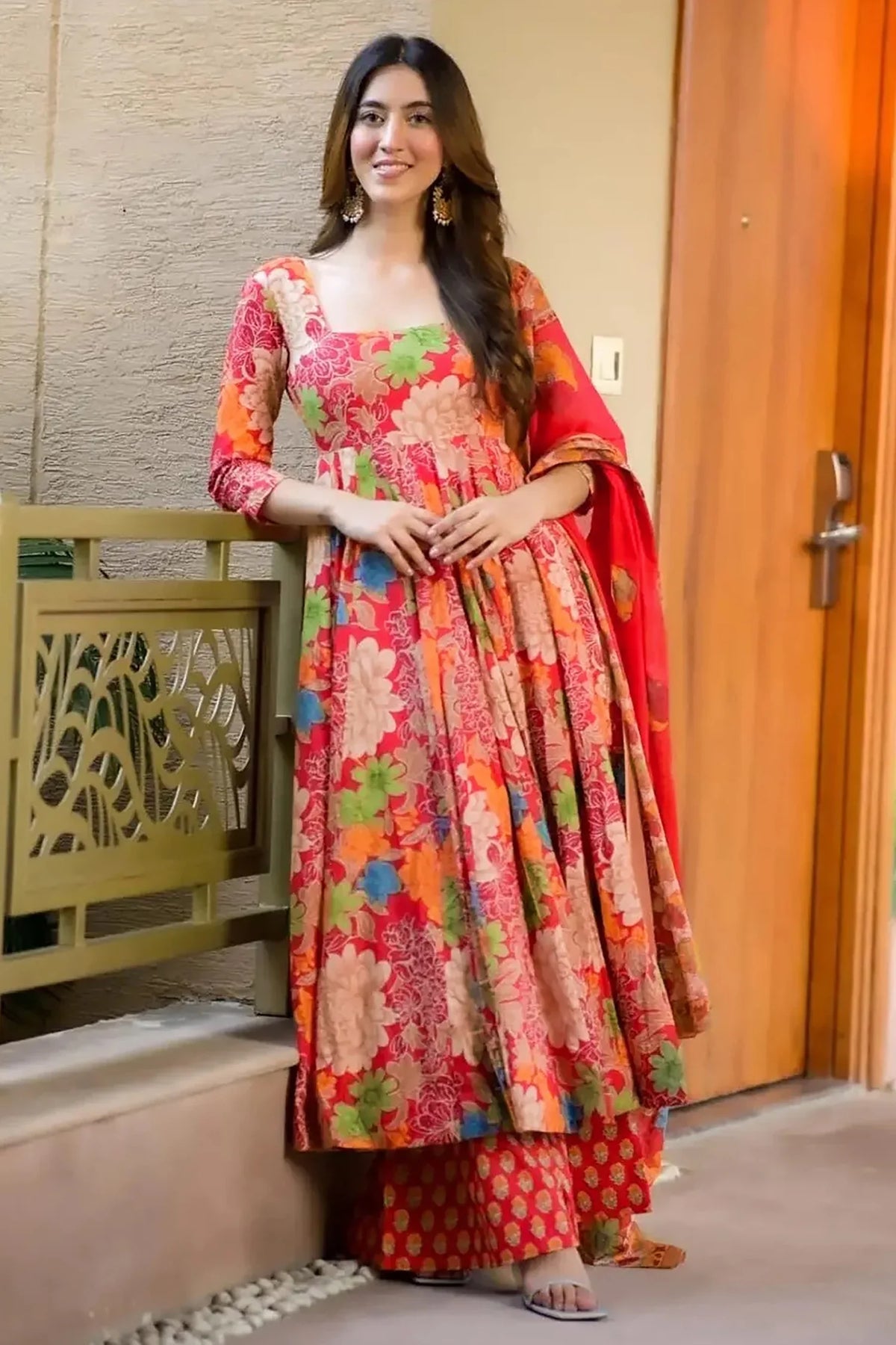 Multi Color Muslin Printed Anarkali Kurti Set - muslin saree