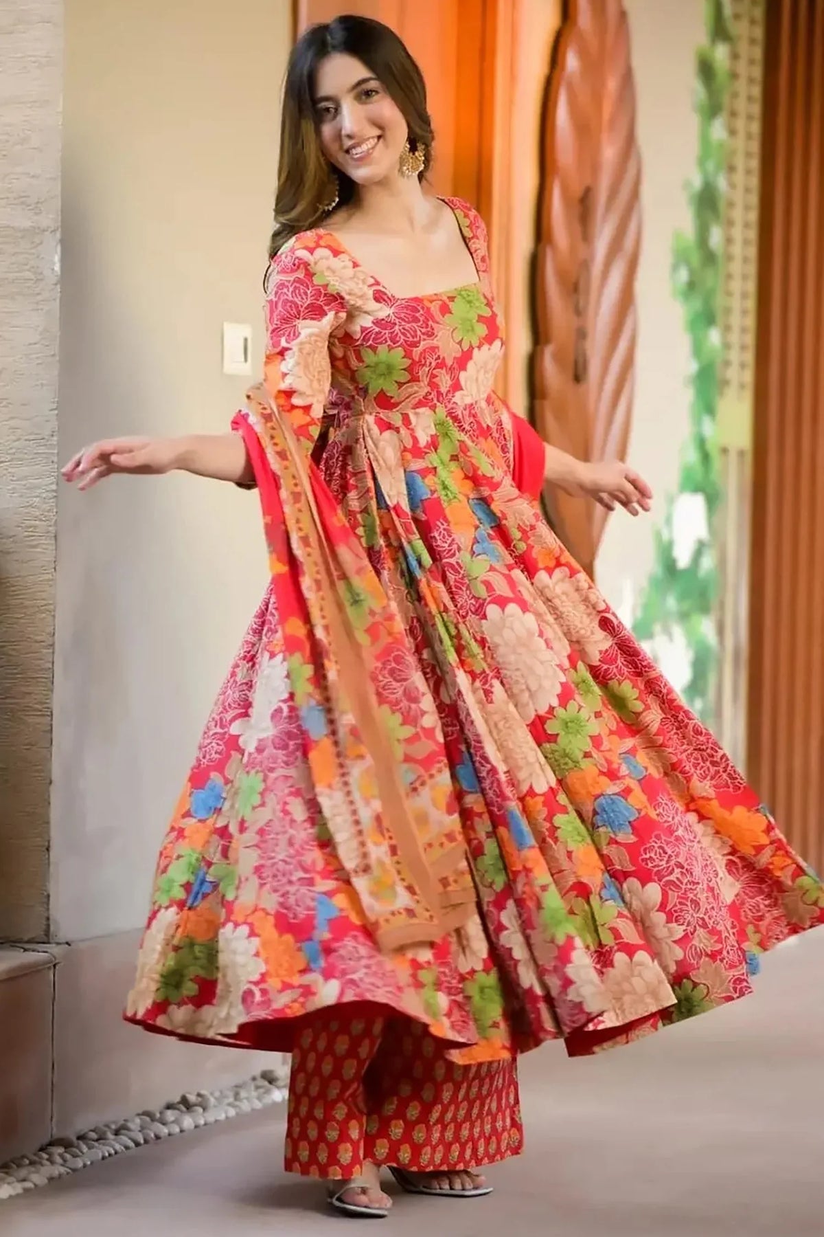 Multi Color Muslin Printed Anarkali Kurti Set - muslin saree