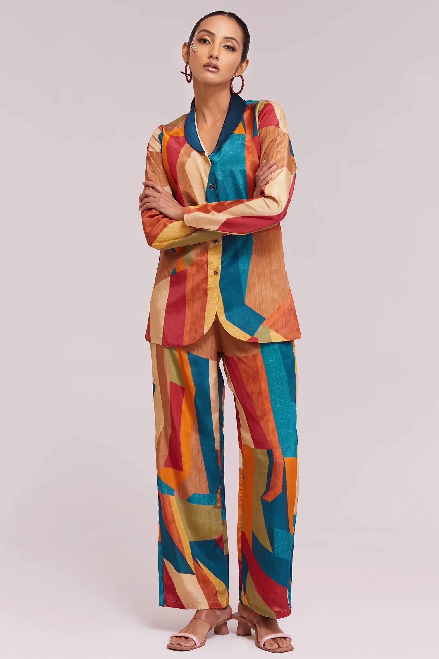 Multi Colored Printed Co-Ord Set in Crepe - red crepe saree