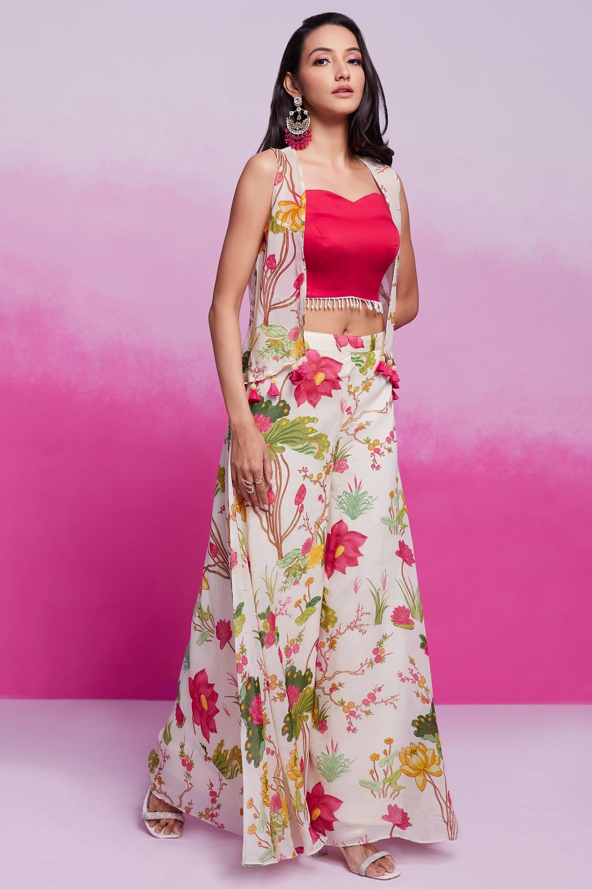 Off White Crop Top Jacket with Palazzo - white saree