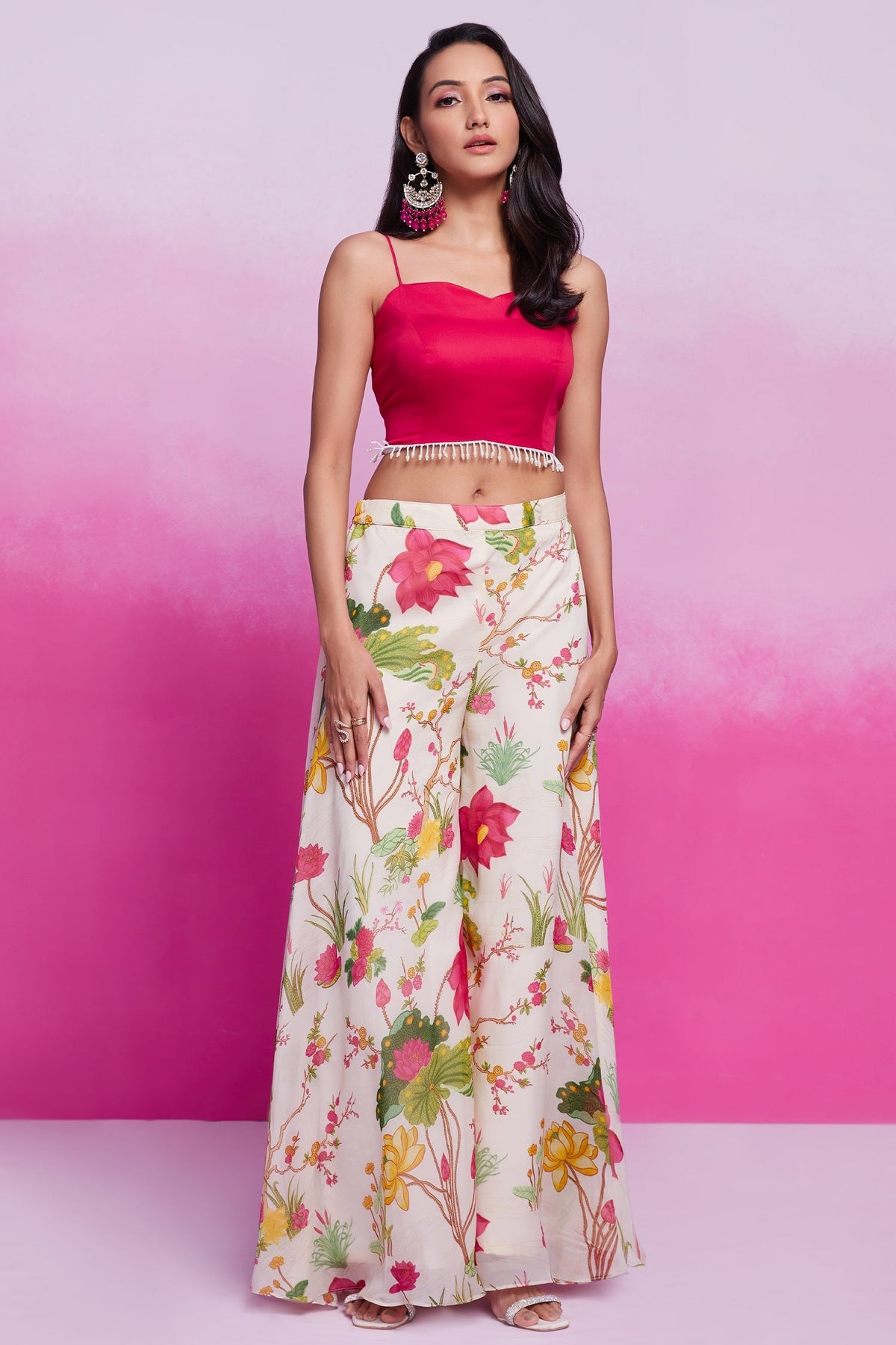 Off White Crop Top Jacket with Palazzo - white saree