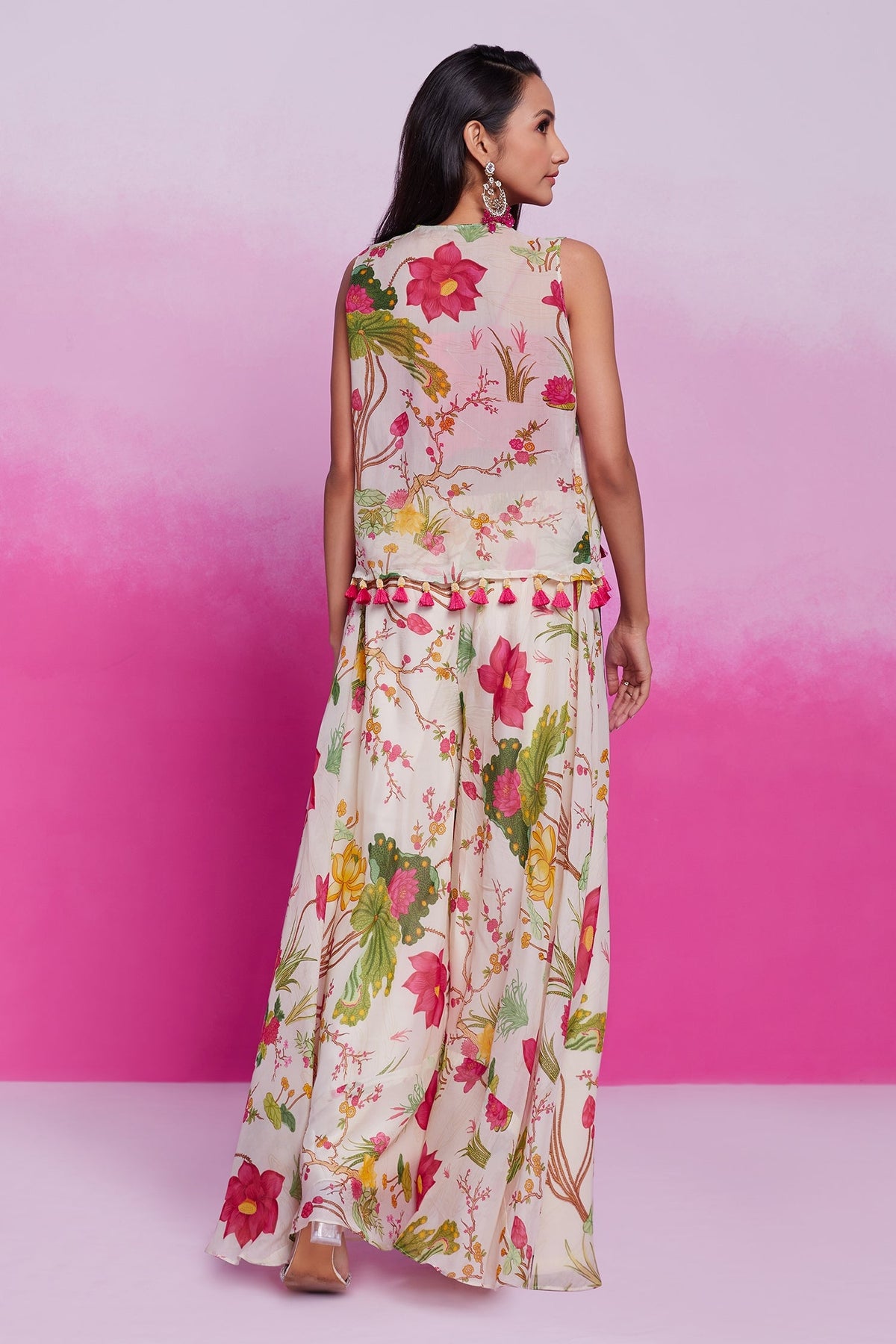 Off White Crop Top Jacket with Palazzo - white saree