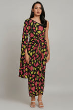 Black Chinon Silk One Sided Cape Style Printed Dress - black silk saree