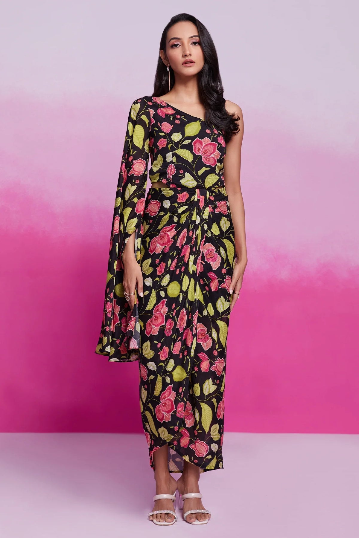 Black Chinon Silk One Sided Cape Style Printed Dress - black silk saree