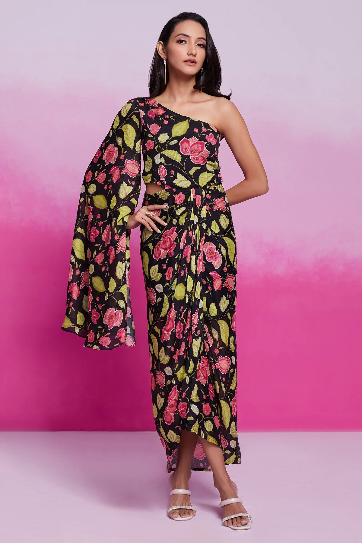Black Chinon Silk One Sided Cape Style Printed Dress - black silk saree