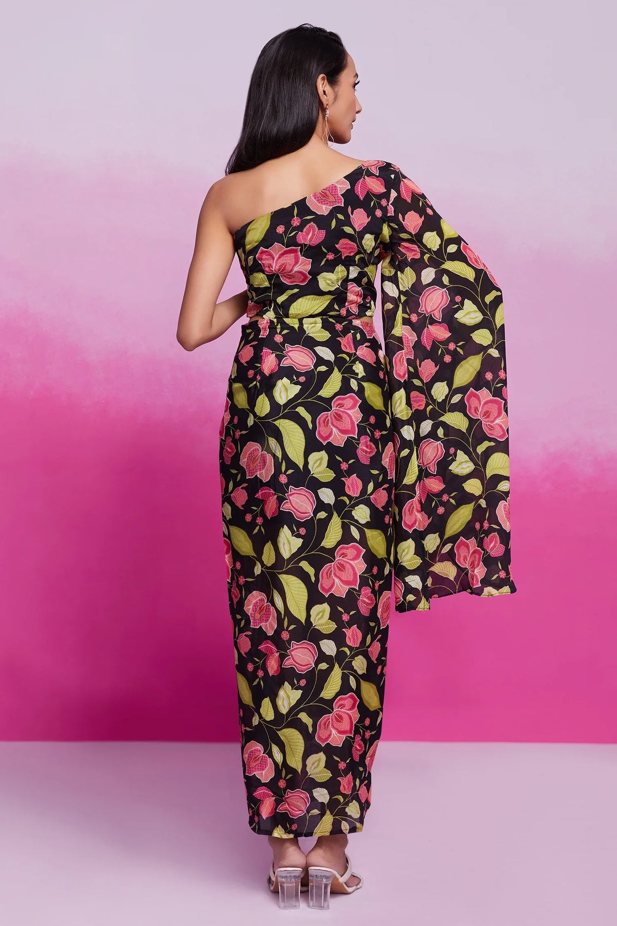 Black Chinon Silk One Sided Cape Style Printed Dress - black silk saree