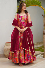 Magenta and Multi Colored Silk Printed Anarkali Kurti with Dupatta