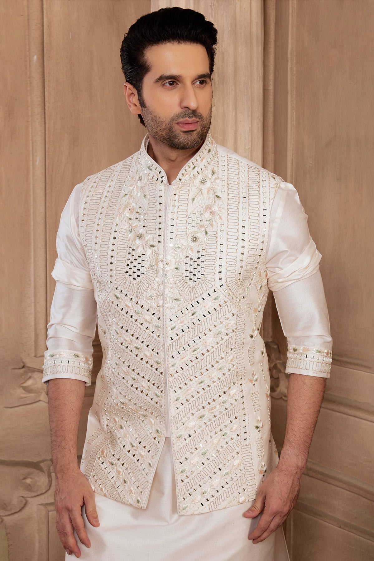Kurta Pajama in Silk Mirror Embroidery Jacket - silk saree embroidery