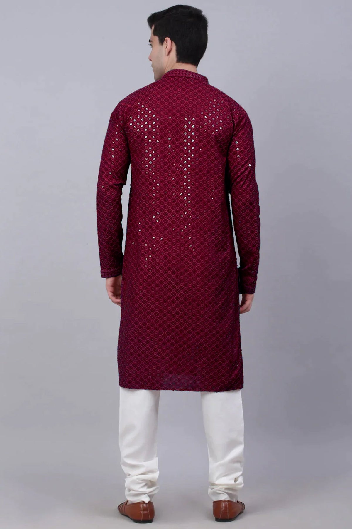 Maroon Sequin Embroidered Kurta Pajama in Rayon - red rayon saree embroidered