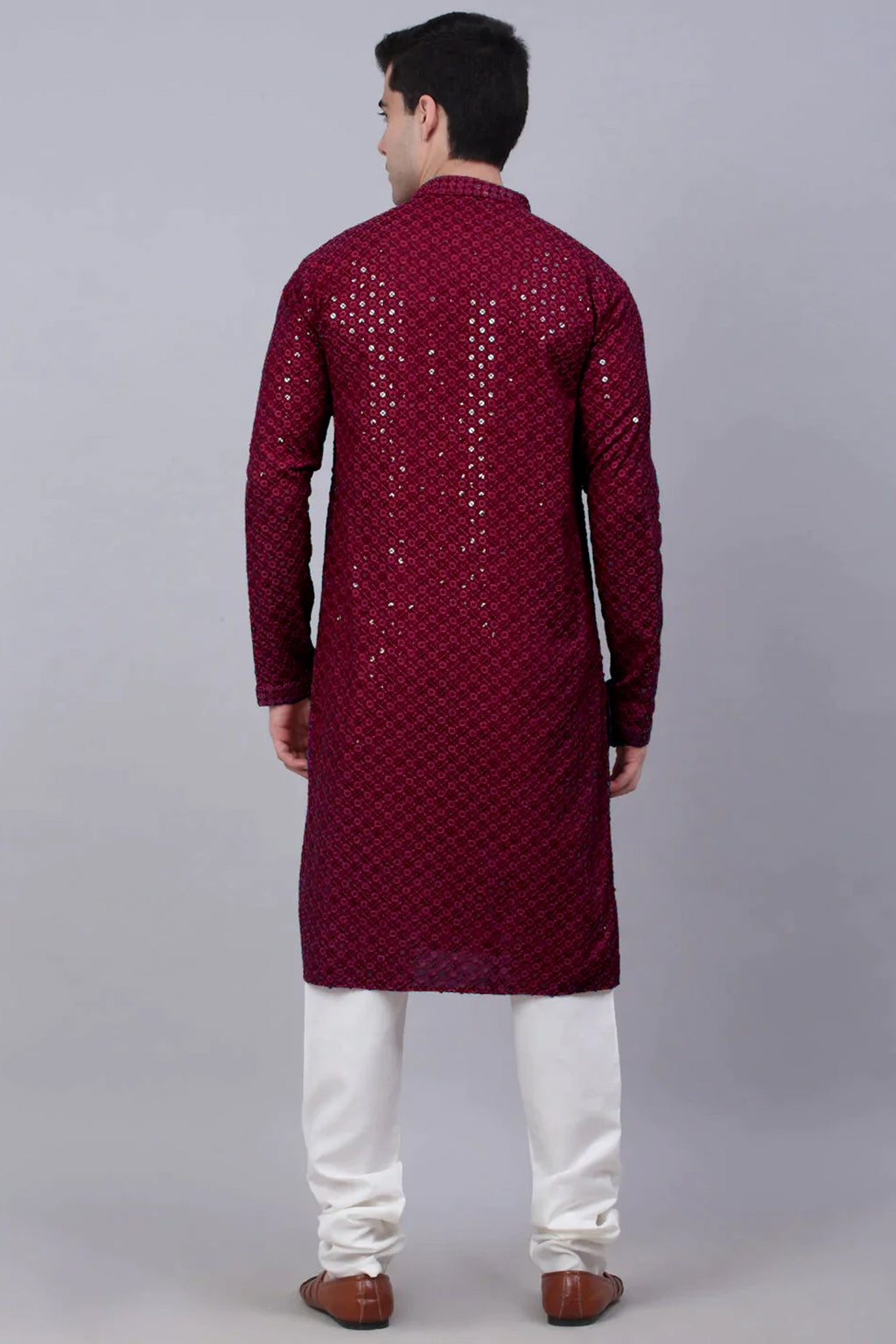 Maroon Sequin Embroidered Kurta Pajama in Rayon - red rayon saree embroidered