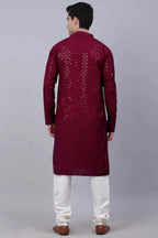 Maroon Sequin Embroidered Kurta Pajama in Rayon - red rayon saree embroidered