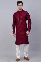 Maroon Sequin Embroidered Kurta Pajama in Rayon - red rayon saree embroidered