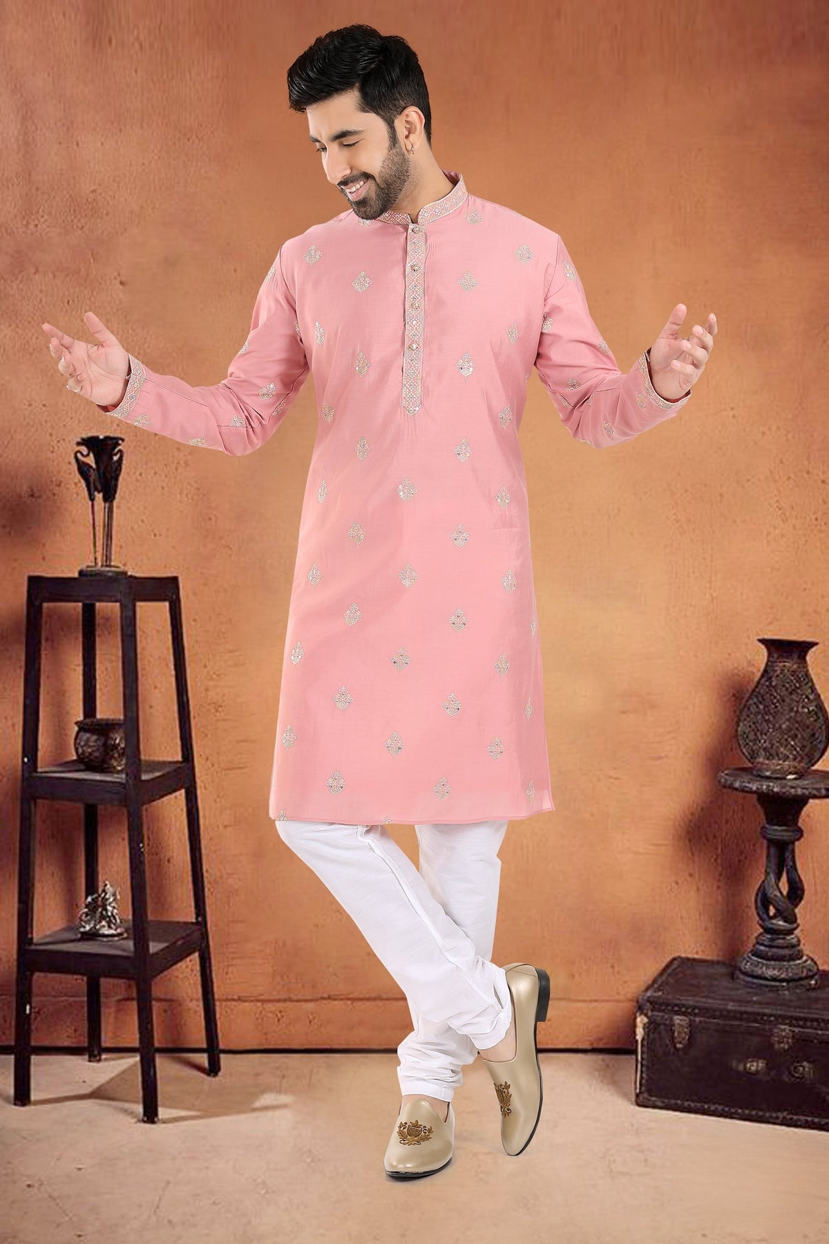 Sequin Embroidered Kurta Pajama in Art Silk