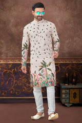 Light Peach Rayon Printed Kurta Pajama Set with Embroidery