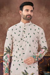 Light Peach Rayon Printed Kurta Pajama Set with Embroidery