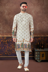 Cream Art Silk Printed Kurta Pajama