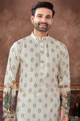 Cream Art Silk Printed Kurta Pajama
