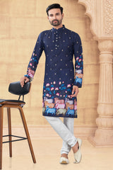 Navy Blue Art Silk Printed Kurta Pajama