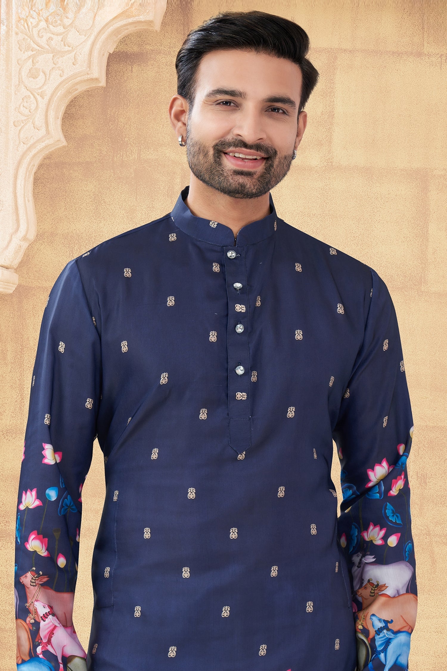 Navy Blue Art Silk Printed Kurta Pajama
