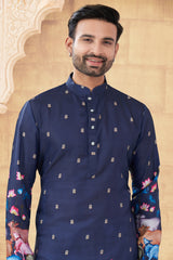 Navy Blue Art Silk Printed Kurta Pajama