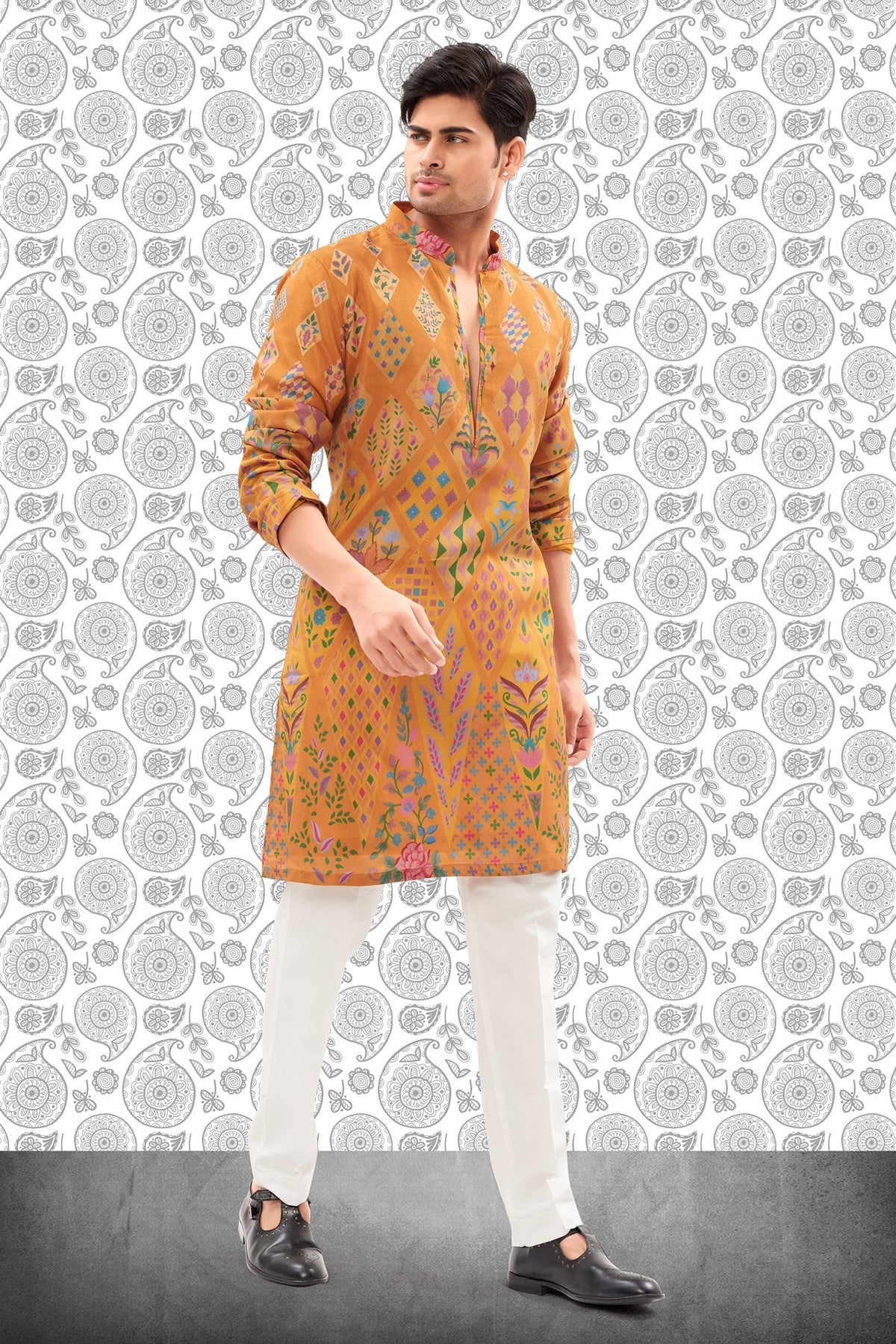 Mustard Yellow Cotton Silk Digital Printed Kurta Pajama