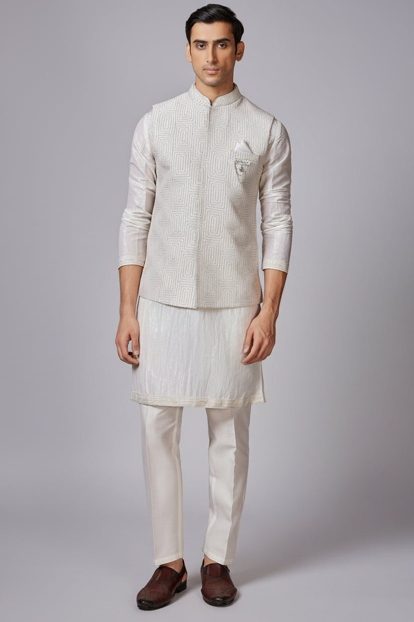 Ivory White Silk Sequin Embroidered Kurta Pajama with Jacket - red silk saree embroidered Main image