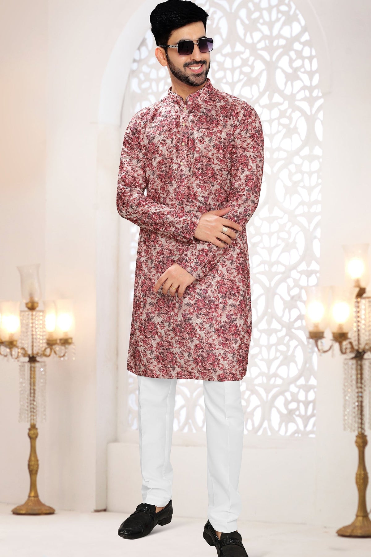 Peach Rayon Silk Floral Printed Kurta Pajama