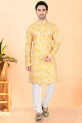 Yellow Cotton Rayon Printed Kurta Pajama