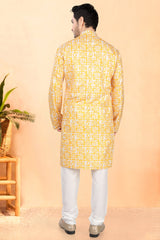 Yellow Cotton Rayon Printed Kurta Pajama