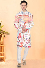 Off White Cotton Rayon Floral Printed Kurta Pajama