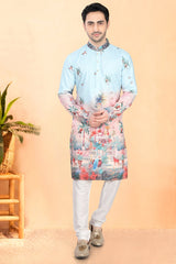 Light Blue Cotton Rayon Kurta Pajama with Animal and Bird Motifs