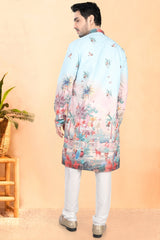 Light Blue Cotton Rayon Kurta Pajama with Animal and Bird Motifs