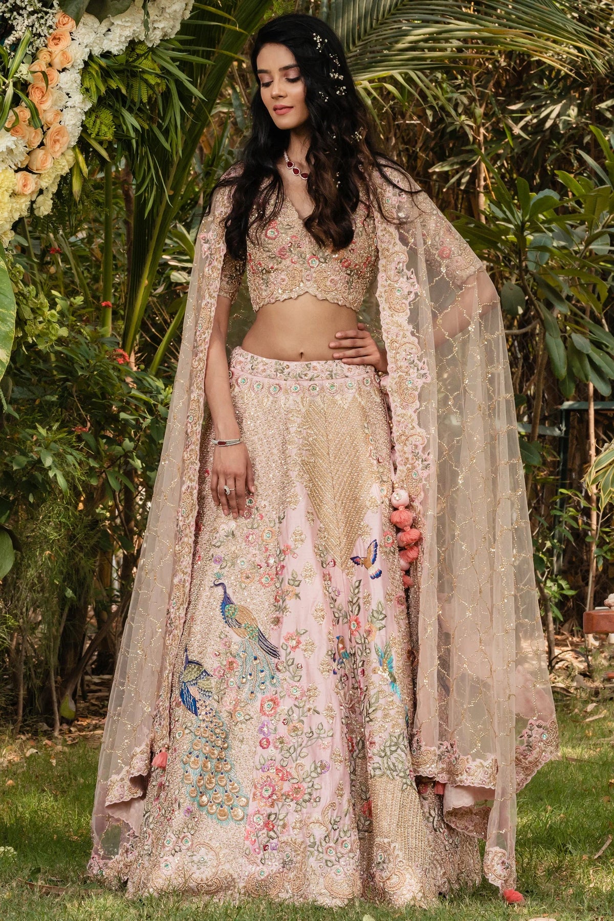 Pink Raw Silk Floral and Peacock Motifs Embroidered Lehenga
