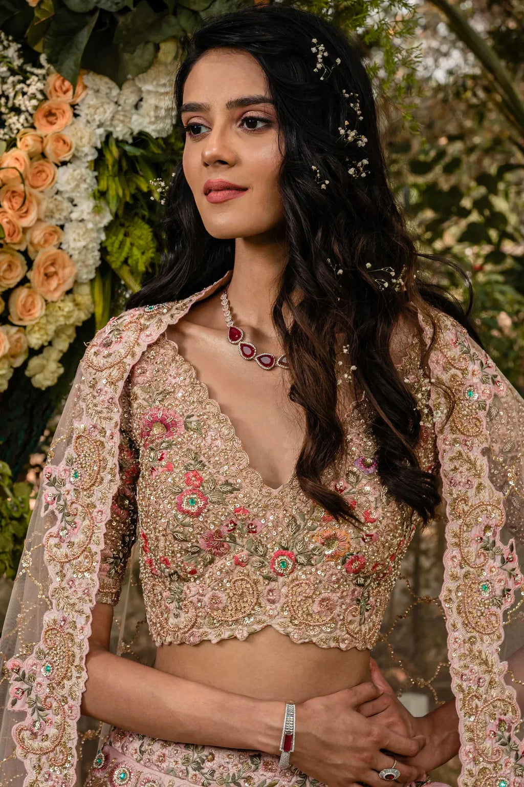 Pink Raw Silk Floral and Peacock Motifs Embroidered Lehenga