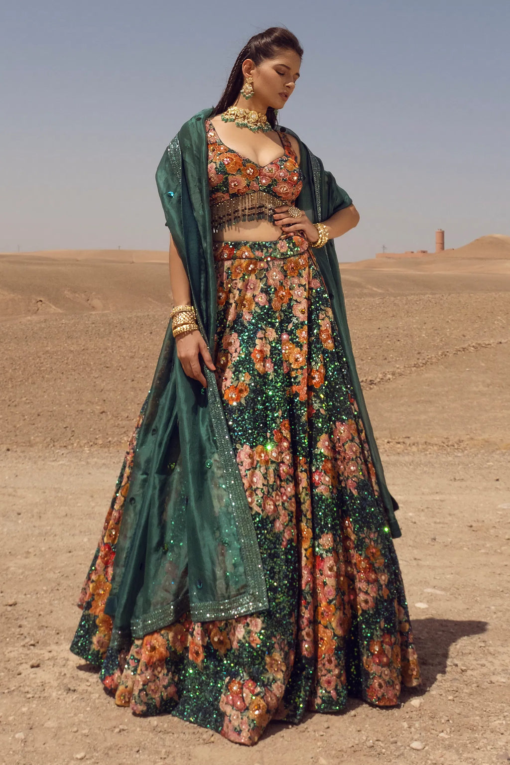 Green Velvet Designer Sequinned Lehenga