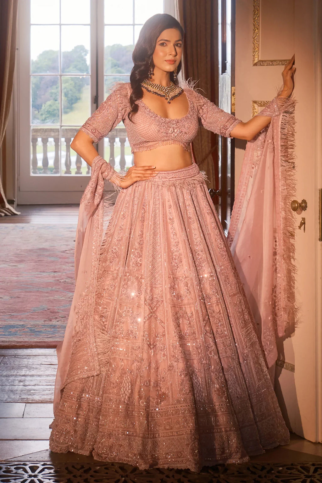Pink Designer Heavy Bead and Sequin Work Lehenga Choli in Organza