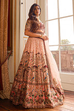 Light Pink Raw Silk Bridal Heavy Work Lehenga Choli with Floral and Bird Motifs