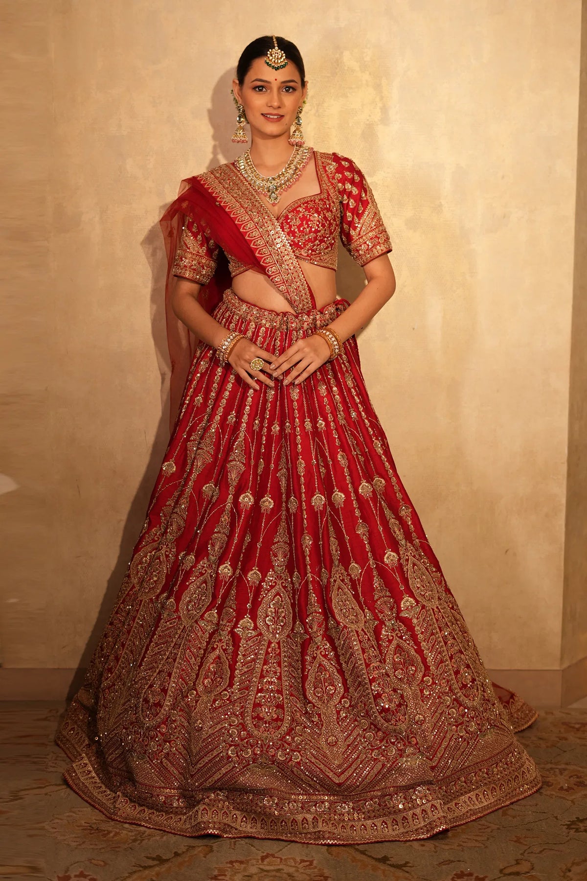 Red Raw Silk Designer Zardosi and Cutdana Worked Bridal Lehenga