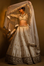 Cream Raw Silk Sequin Embroidered Designer Bridal Lehenga with Plunging Sweet Heart Neckline Blouse